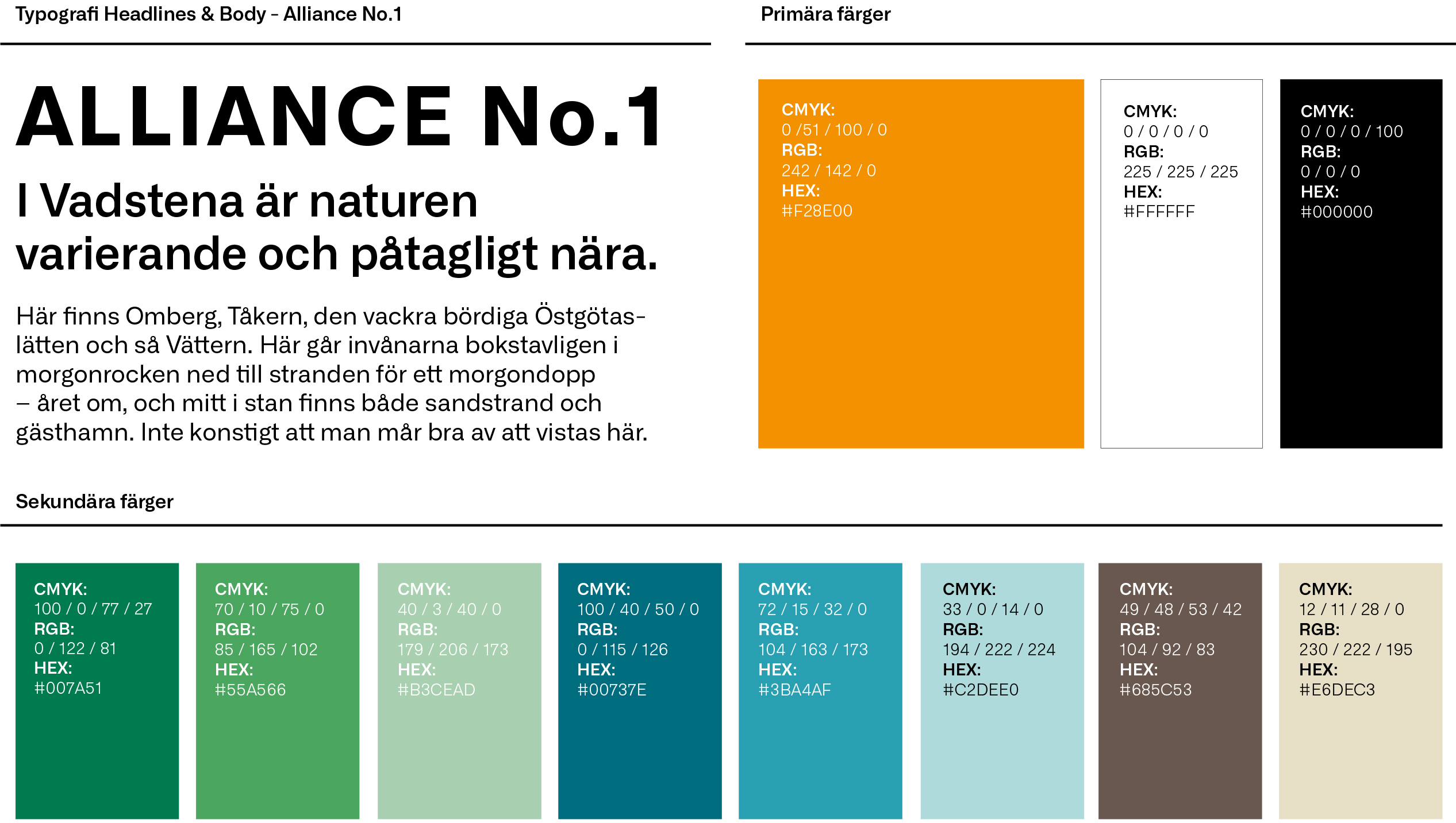 Typsnitt och färger ur platsen Vadstenas grafiska profil, framtagen av Identx